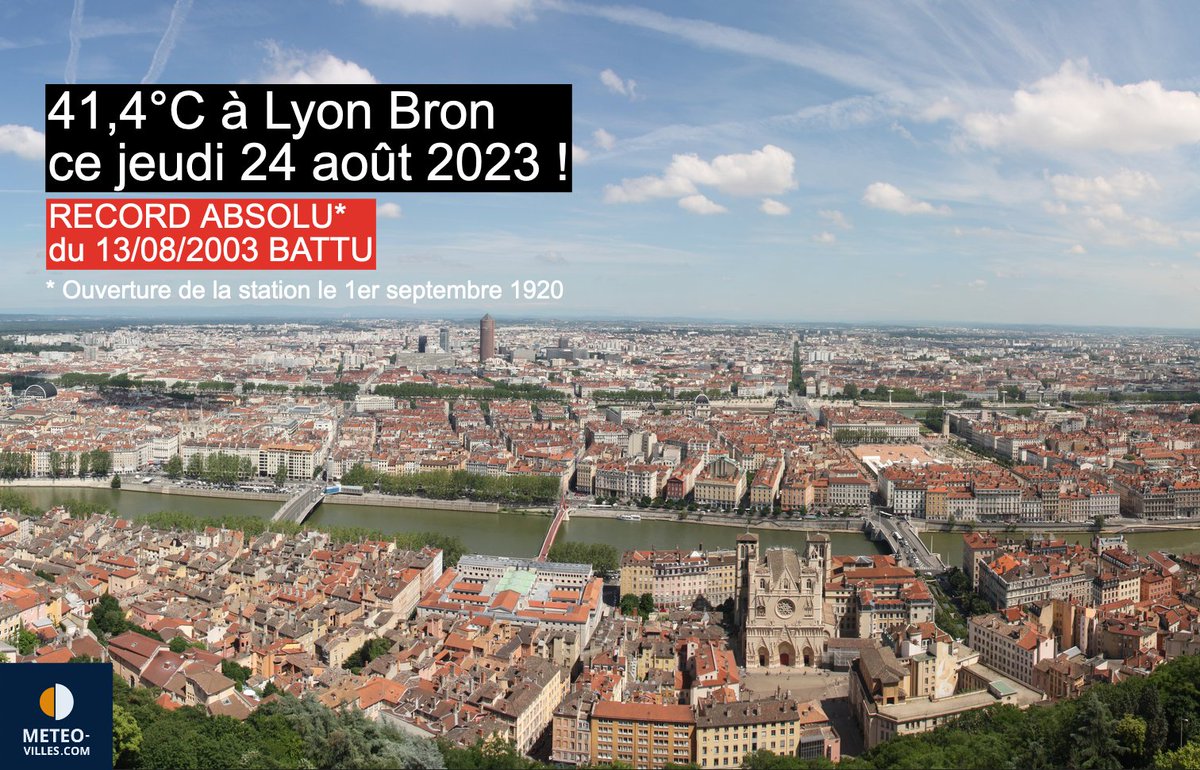 🥵🌡️#chaleur #LYON BRON a battu un record absolu de #chaleur aujourd'hui avec :
▶️41,4°C (station ouverte depuis 1920). Le précédent record avait été enregistré le 13 août 2003 avec 40,5°C. 
▶️41,6°C au parc de la Tête d'Or 
▶️39,9°C à Saint-Exupéry
meteo-lyon.net