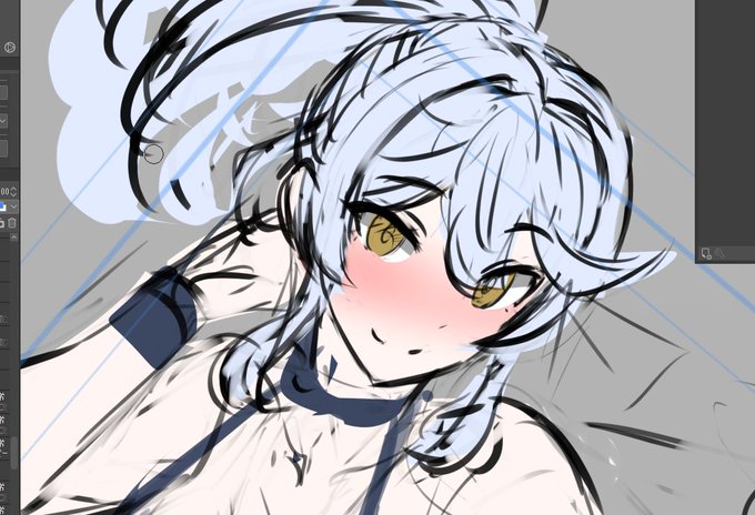 FANBOX&amp;Fantia限定コンテンツ用カット、カラーラフまで。モノクロ線ラフ段階までは感じなくても、色を置いて全体～各個パーツのシルエットが可視化されると「(パーツの配置とかバランスとか)思ってたのと違う…」が見つかりやすいので、ミニラフ段階でなるべく早めにカラーラフにしちゃう方針で。 