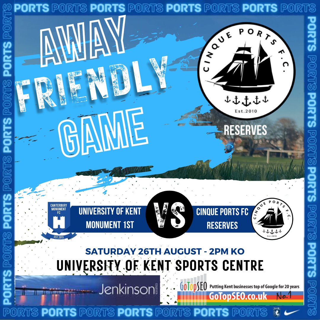 🔵⚪ Exciting news for Cinque Ports Reserves! Our team is set to clash with University of Kent Monument 1st in a friendly match. ⚽ Join us for an action-packed afternoon at the University of Kent Sports Centre, with kickoff at 2pm. 💪🙌 #CinquePortsReserves #FriendlyMatch