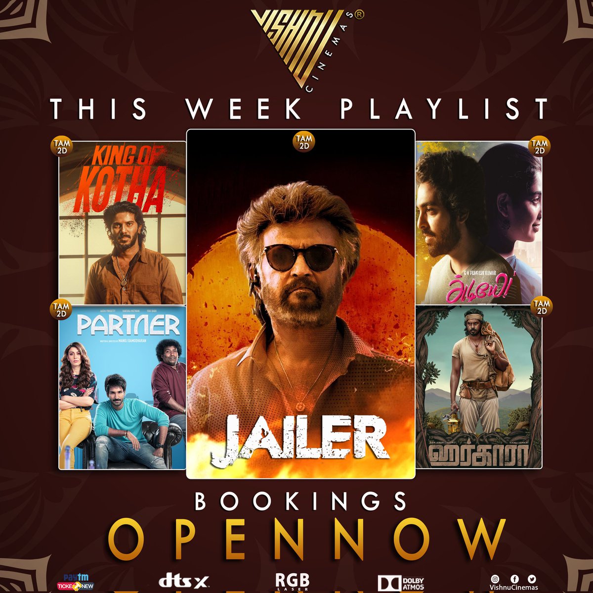 Our Playlist for this week @VishnuCinemas         #KingOfKotha #Jailer #Partner #Adiyae #Harkara  BOOKINGS OPEN NOW @TicketNew