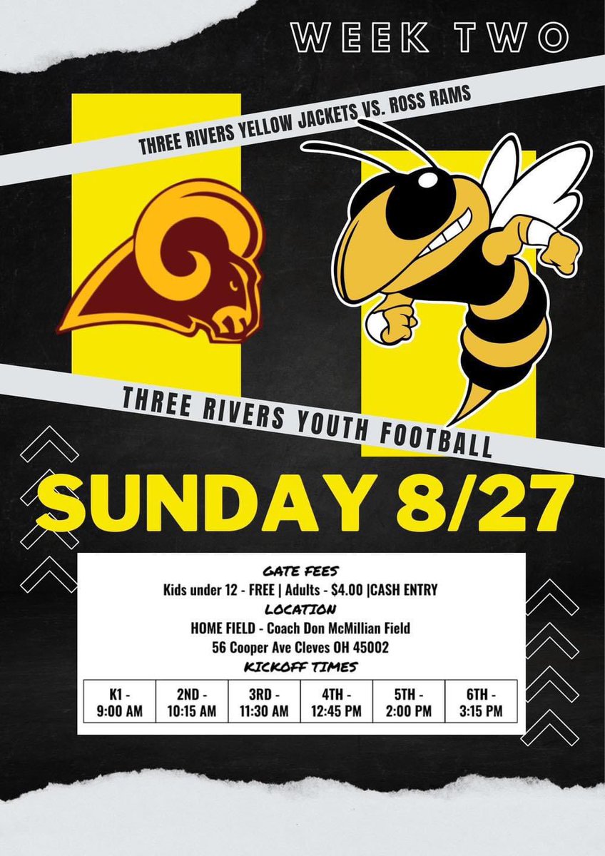 WEEK TWO coming in hot 🔥

Due to projected heat and keeping our players &amp; cheerleaders safe, our home game has been moved to SUNDAY 8/27. 
Thank you to all our football &amp; cheer families for your patience during this week! 
See you all Sunday, and let’s bring home some more WINS!