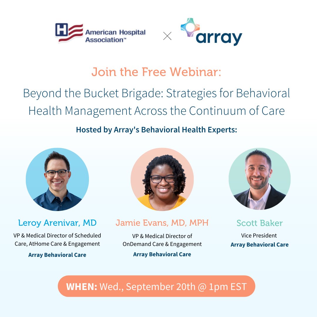 Array Behavioral Care (@arraybc) on Twitter photo Those in need of #behavioralhealth care are increasingly turning to hospitals, which can overwhelm resources.
In a free webinar hosted by the <a href="/ahahospitals/">American Hospital Association</a>, leaders from Array will explore how telepsychiatry can ease the strain: aha-org.zoom.us/webinar/regist… <a href="/ahahospitals/">American Hospital Association</a> Those in need of #behavioralhealth care are increasingly turning to hospitals, which can overwhelm resources.
In a free webinar hosted by the <a href="/ahahospitals/">American Hospital Association</a>, leaders from Array will explore how telepsychiatry can ease the strain: aha-org.zoom.us/webinar/regist… <a href="/ahahospitals/">American Hospital Association</a>