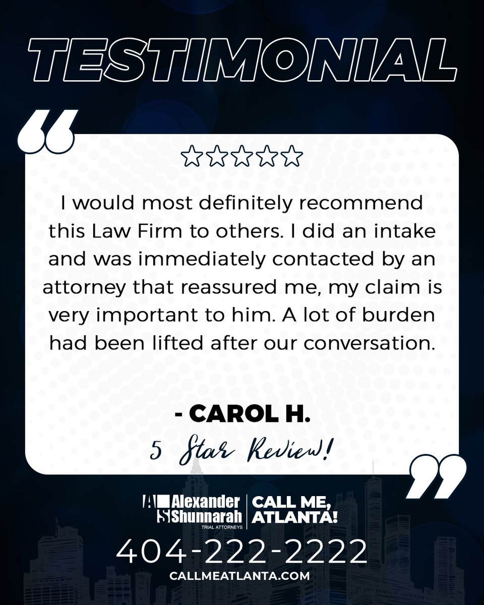 Your 5-star review made our day! ⭐️⭐️⭐️⭐️⭐️ We value your trust in us. 🤝

If you've been injured, we're ready to assist!

📣 Call Me, Atlanta! 📣⁣⁣⁣⁣⁣
☎️ 404-222-2222
🌐 callmeatlanta.com
⁣⁣⁣⁣⁣
⚖ Alexander Shunnarah Trial Attorneys
📍 Atlanta, GA