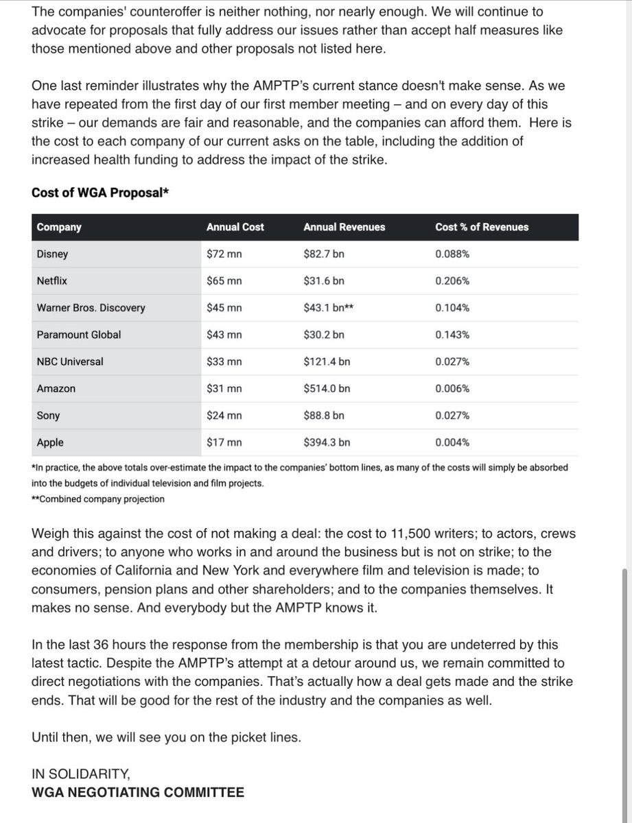 New Writers Guild letter to members just dropped #wgastrike #writersstrike