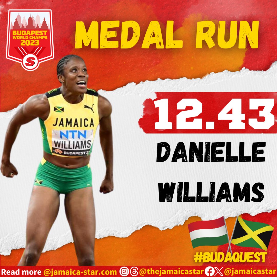 jamaicastar's tweet photo. #GOLDENRUN! Danielle Williams runs a blistering 12.43s to win Jamaica's FIRST GOLD in this year's World Athletics Championships in Budapest! https://t.co/B9UYM7bYgc
