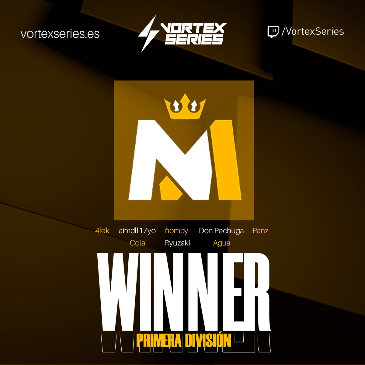vortex_series's tweet photo. GANADORES PRIMERA DIVISIÓN 🟡

@New_Mafiia se impone ante @kbt_gaming con un 2 - 1 en el global del BO3 en la Final. Feliciades a ambos equipos por lo conseguido 🫶

#VortexSeries #VALORANT https://t.co/lqazGpRp7O