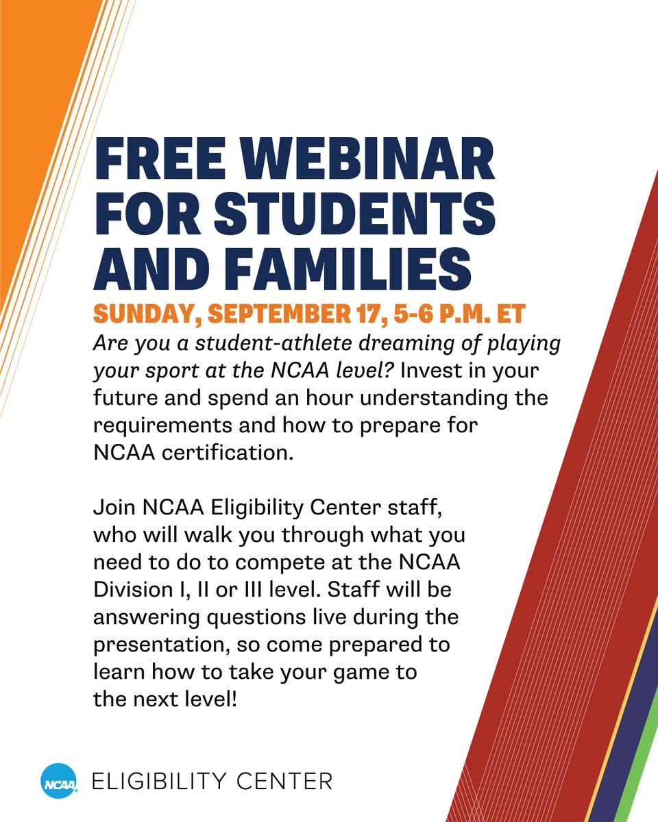 Have questions about preparing for your future as an <a href="/NCAA/">NCAA</a> student-athlete? Register for the free <a href="/ncaaec/">NCAA Eligibility Center</a> webinar.

🔗 on.ncaa.com/Web_09172023