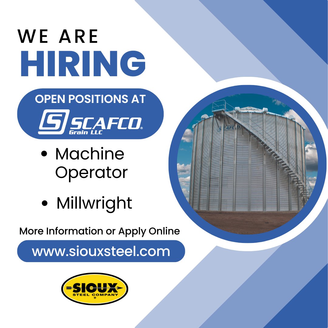 We're hiring the following positions at our @scafcograin facility in Spokane, WA:
• Machine Operator
• Millwright

Apply on the <a href="/siouxsteel/">Sioux Steel</a> Careers page: siouxsteel.com/meet-sioux-ste…

#ScafcoGrain #SCAFCO #SCAFCOGrainSystems #SiouxSteel #Hiring #HelpWanted #JoinOurTeam