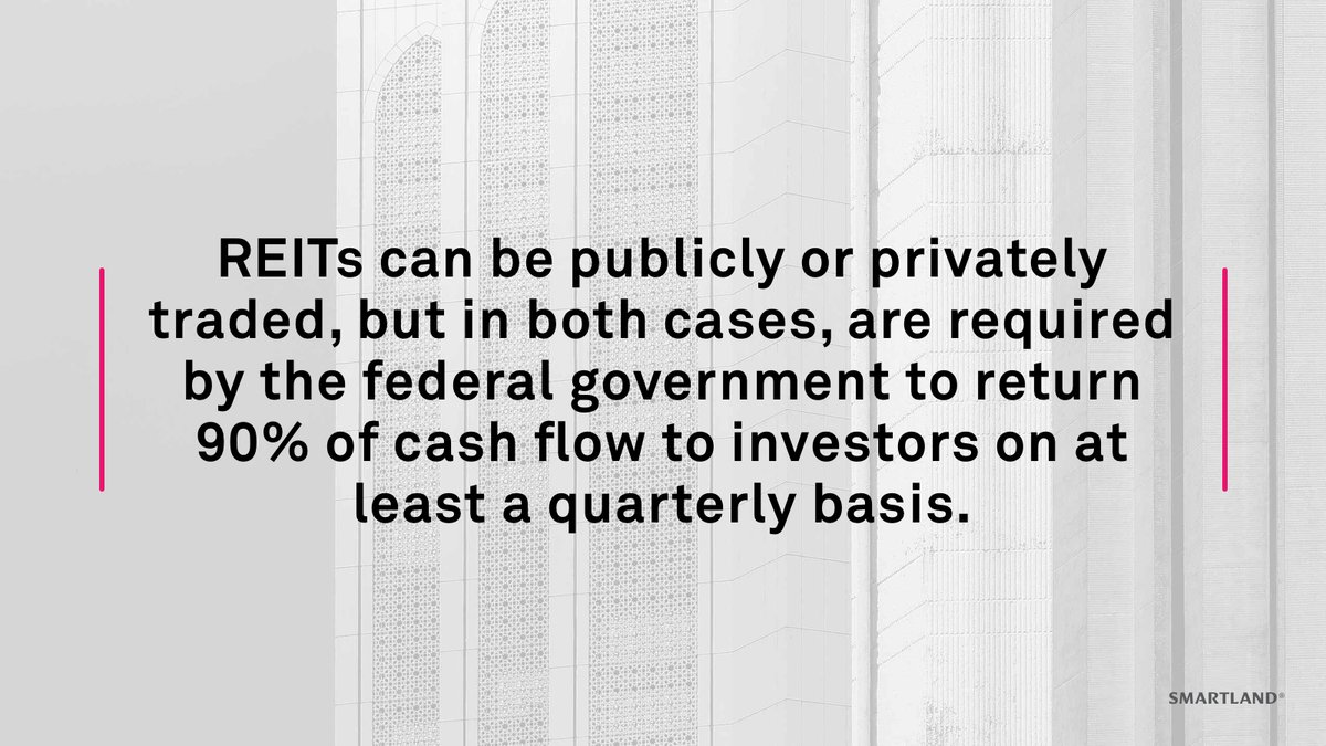 SmartlandInvest's tweet photo. REITs can be publicly or privately traded, but in both cases, are required by the federal government to return 90% of cash flow to investors on at least a quarterly basis.

Read more here ➡️ https://t.co/hxFK866Ji5 https://t.co/Mx4ftadArn