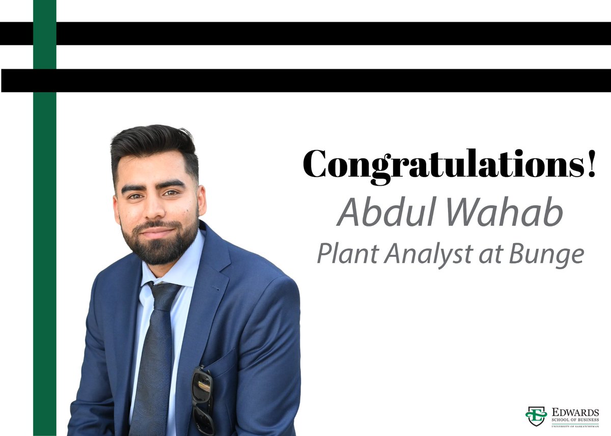 edwards_school's tweet photo. Congratulations, Abdul Wahab (B.Comm. 2022), on your new role as Plant Analyst at Bunge🎉.
Please join us in congratulating Abdul below👏!
#EdwardsProud #EdwardsAlumni #USask https://t.co/mZrgVjgRR2