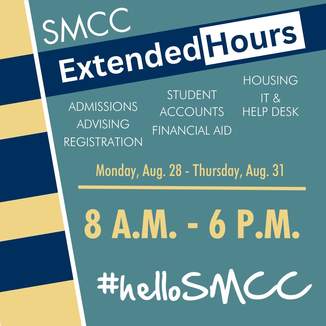 smccmaine's tweet photo. We know the first week of school is busy, and that extra β³β³β³ is π₯ β so weβre offering extended hours for the start of the Fall Semester. Link to details in our bio.
#helloSMCC #WeAreSMCC #SMCC #SMCCSeawolves #SMCCCares #mainecollege #mainecommunitycollege https://t.co/S6dzOOHS7U