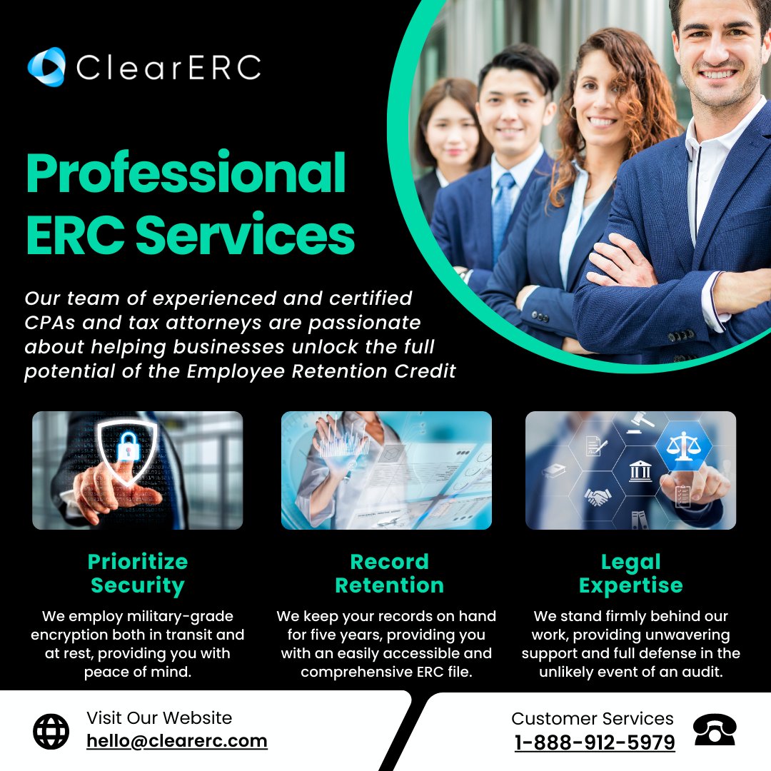You can pursue the ERC while prioritizing security, record retention, and legal expertise. At Clear ERC, we understand your hesitations surrounding future tax implications. Our solution ensures you can access the benefits of the ERC without fear.
👉 clearerc.com/#solutions