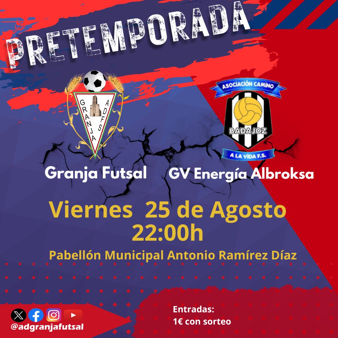 💥 Partido de pretemporada
🗓️ Viernes 25 de Agosto
🕖 22:00
⚽ <a href="/adgranjafutsal/">Granja Futsal</a> 🆚 <a href="/AscVida/">Badajoz/GvEnergia/ACV⚽️</a>
📌 Pabellón Municipal
Duelo amistoso de pretemporada ante uno de los equipos punteros de nuestra tercera. Continúa la puesta a punto del equipo de cara al inicio liguero.
¡No te lo pierdas!