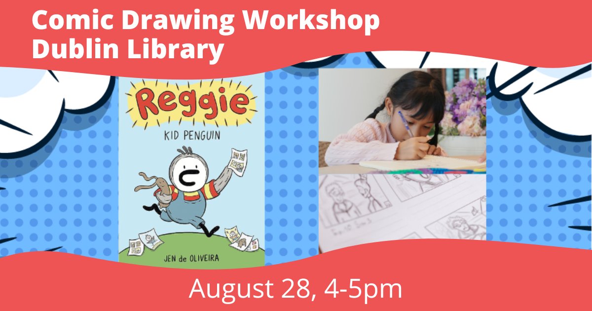 aclib's tweet photo. Visit Dublin Library on August 28 from 4-5pm for a special comic drawing workshop for children ages 6-9. Author @jendeoart will share her new book, Reggie, Kid Penguin, and teach participants how to draw comics. Space is limited. https://t.co/8P5AmZ0f04 #DIYComics #KidComics https://t.co/j2Mpob3rcx