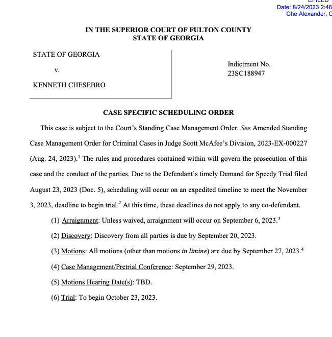 TamarHallerman's tweet photo. Fulton Judge Scott McAfee laying out a very aggressive timetable for Chesebro's Fulton trial, with an Oct. 23, 2023 start date. https://t.co/uqOmqzuHRc