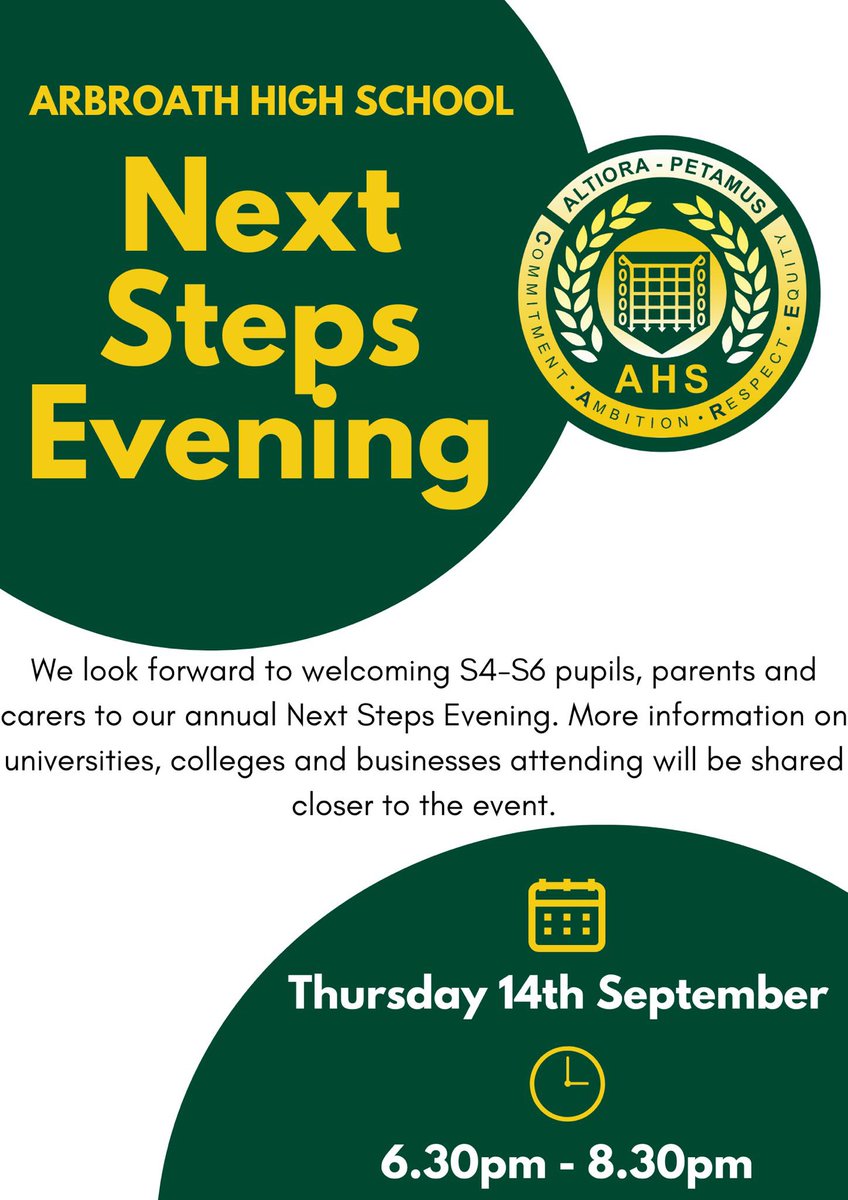 Our Next Steps Evening for senior pupils is returning on Thursday 14th of September 🎉

An excellent opportunity to meet professionals and representatives from local businesses, colleges and universities to help plan your future! 💫💫