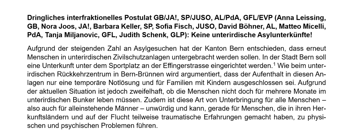 Anna_Leissing's tweet photo. Heute ein breit abgestütztes Postulat überwiesen: die @Bern_Stadt soll sich kurz- und langfristig für würdige Unterkünfte für geflüchtete Menschen einsetzen, mit genügend Betreuung, Sozialkontakten, Privatsphäre, und Tageslicht! #Viererfeld #Tiefenauspital 
@GruenesBuendnis 👇 https://t.co/QXJkTSmabi