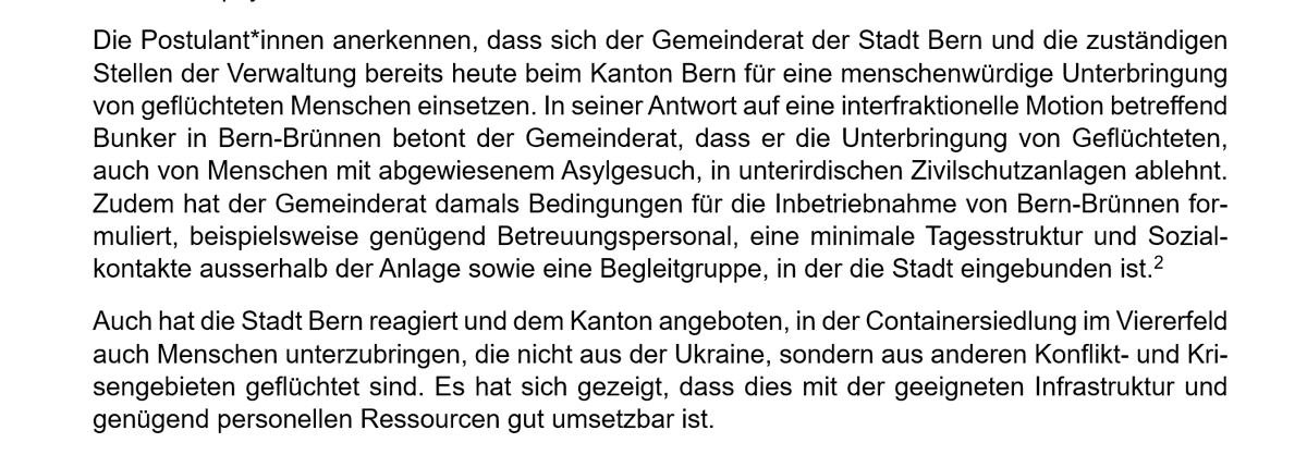 Anna_Leissing's tweet photo. Heute ein breit abgestütztes Postulat überwiesen: die @Bern_Stadt soll sich kurz- und langfristig für würdige Unterkünfte für geflüchtete Menschen einsetzen, mit genügend Betreuung, Sozialkontakten, Privatsphäre, und Tageslicht! #Viererfeld #Tiefenauspital 
@GruenesBuendnis 👇 https://t.co/QXJkTSmabi