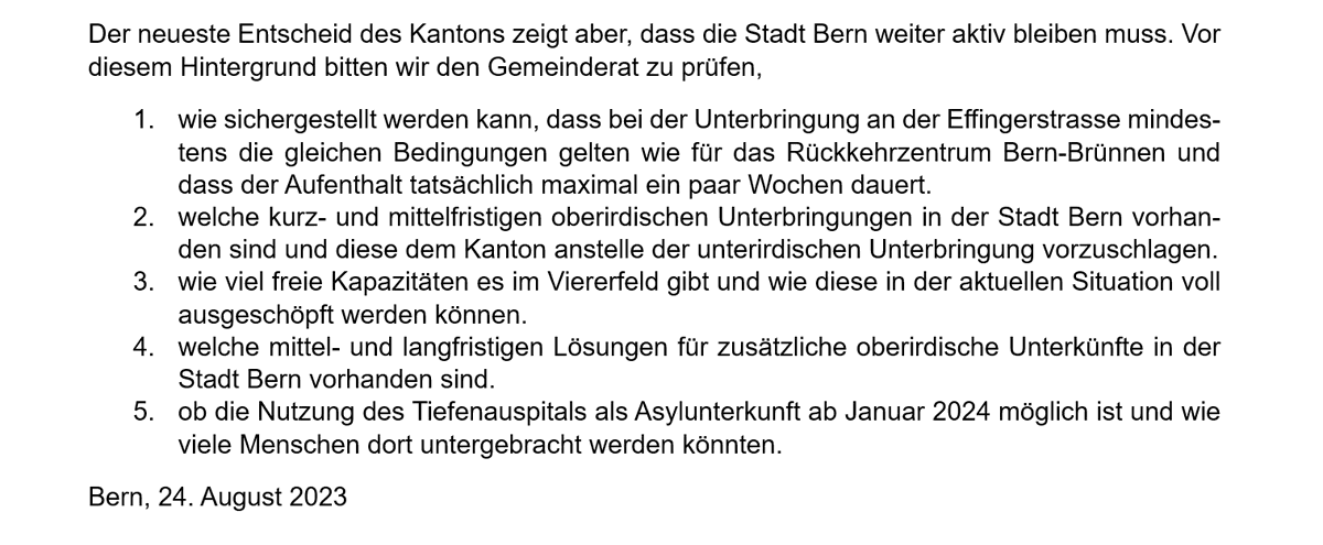 Heute ein breit abgestütztes Postulat überwiesen: die <a href="/Bern_Stadt/">Stadt Bern</a> soll sich kurz- und langfristig für würdige Unterkünfte für geflüchtete Menschen einsetzen, mit genügend Betreuung, Sozialkontakten, Privatsphäre, und Tageslicht! #Viererfeld #Tiefenauspital 
@GruenesBuendnis 👇
