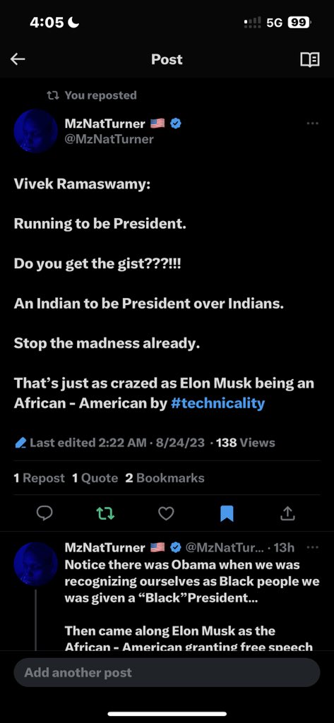 MzNatTurner's tweet photo. Vivek Ramaswamy: #IndianRepresentation
These muthafuckas are not about shit; and they thought they got away with that bull bringing in @KamalaHarris https://t.co/RIPJfnZmyP