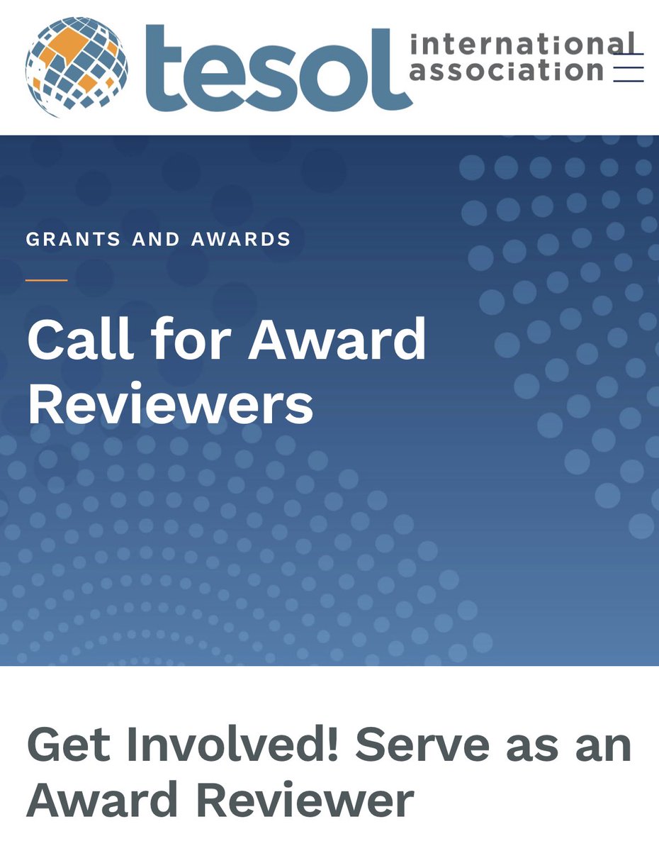 Interested in giving back to the #TESOL community? Consider applying to serve as an #AwardReviewer @TESOL_Assn Application deadline 9/1 tesol.org/careers/awards…