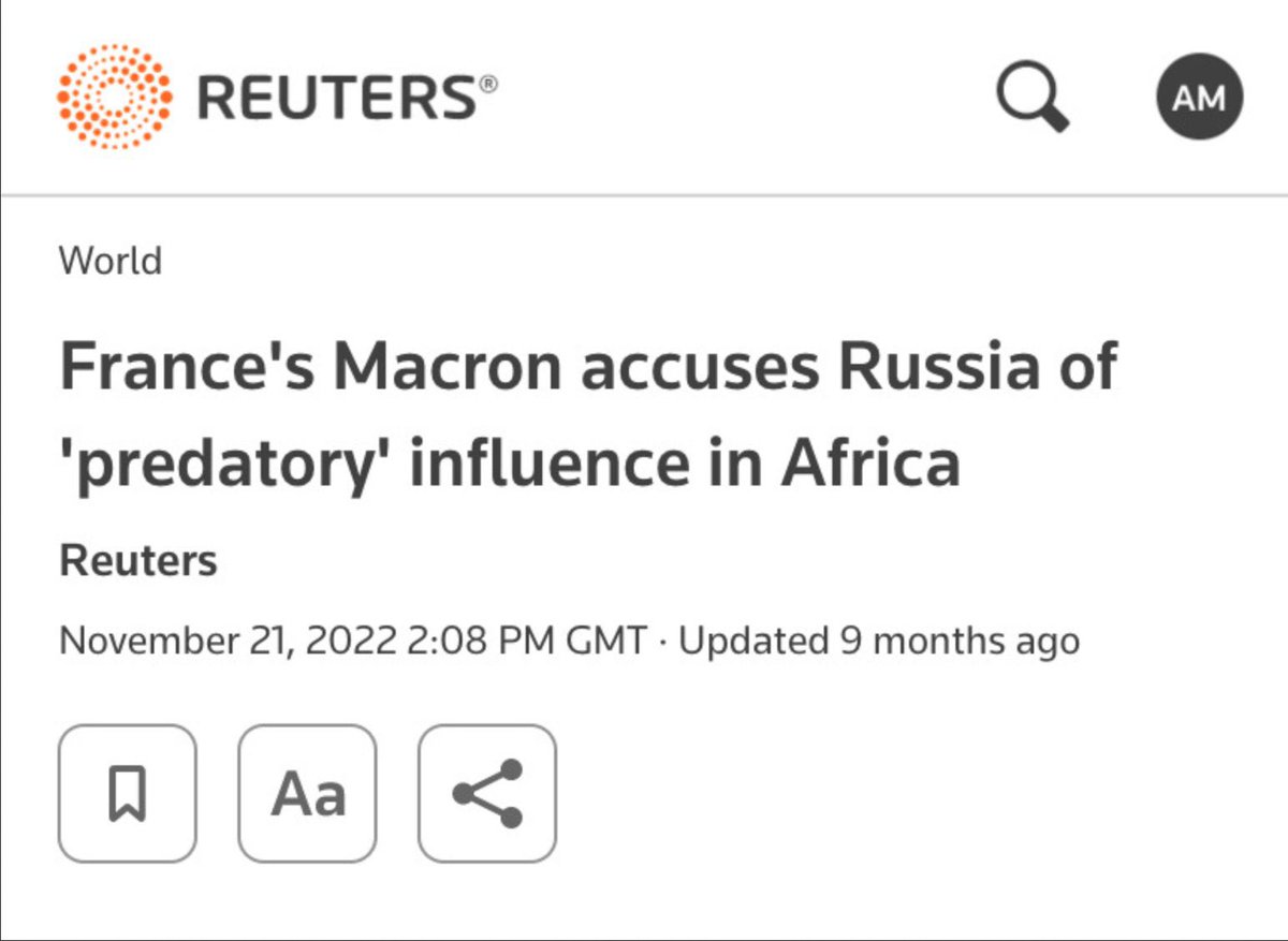 The President of a nation which colonized and pillaged 20 countries across Africa is lecturing Russia... which never had a single African colony... about predatory influence on the continent. 

You just can't make this stuff up.