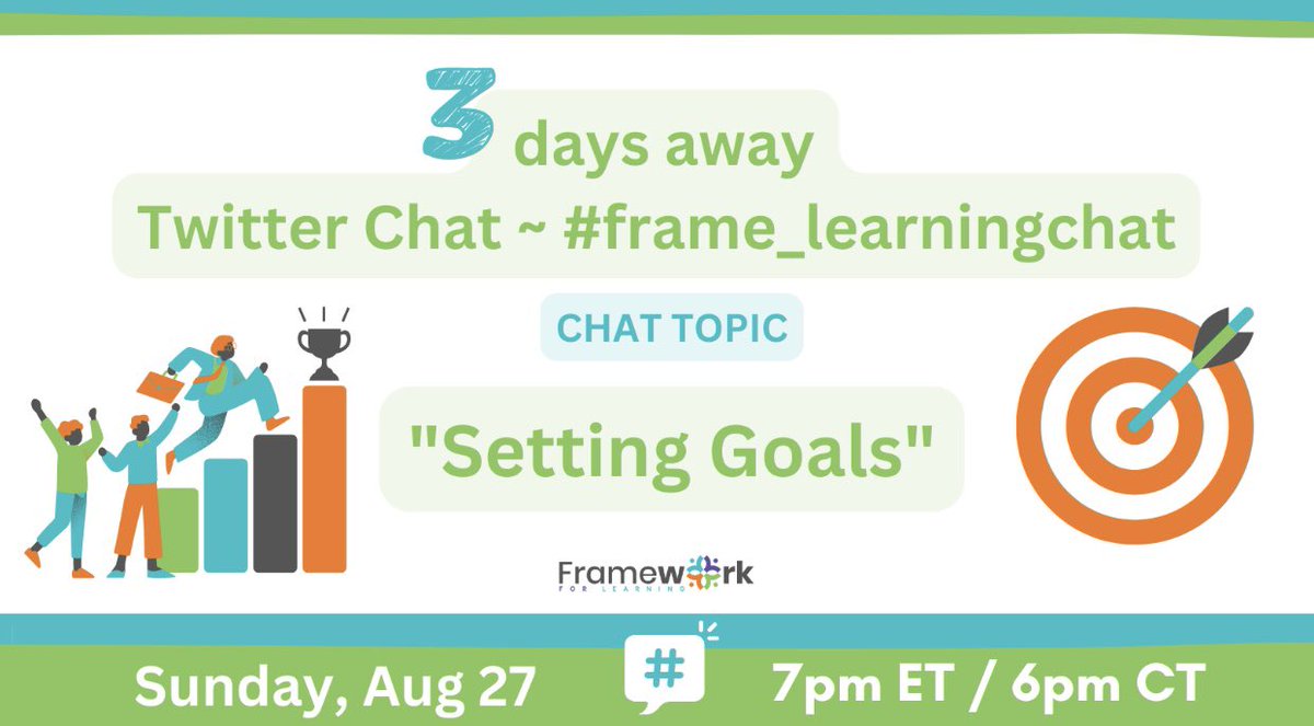 The countdown is underway! 

▪️When: Sunday, Aug 27
▪️Time: 7pm ET / 6pm CT
▪️Topic: “Setting Goals” 
▪️Hashtag: #frame_learningchat  

#twitterchat #edchat #educhat #teachersoftwitter #teachertwitter #TEACHers