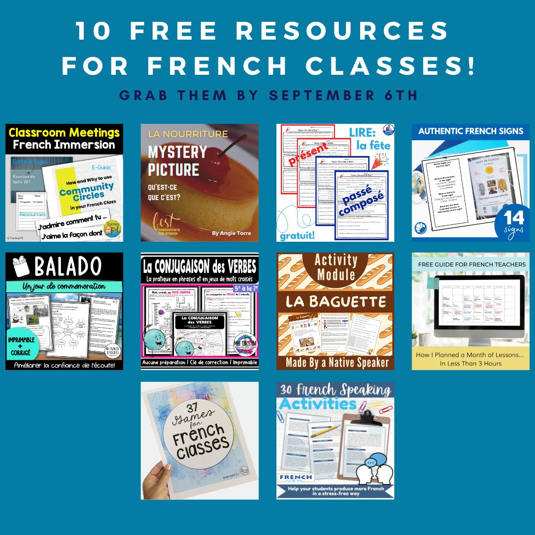 Ten Teacher-Authors have collaborated to compile a collection of FREE French resources for your classes this fall! This link works until September 6, 2023, so visit the link ASAP. bit.ly/Frenchfreebies #TeachingFSL #FrenchImmersion #Intermediate+