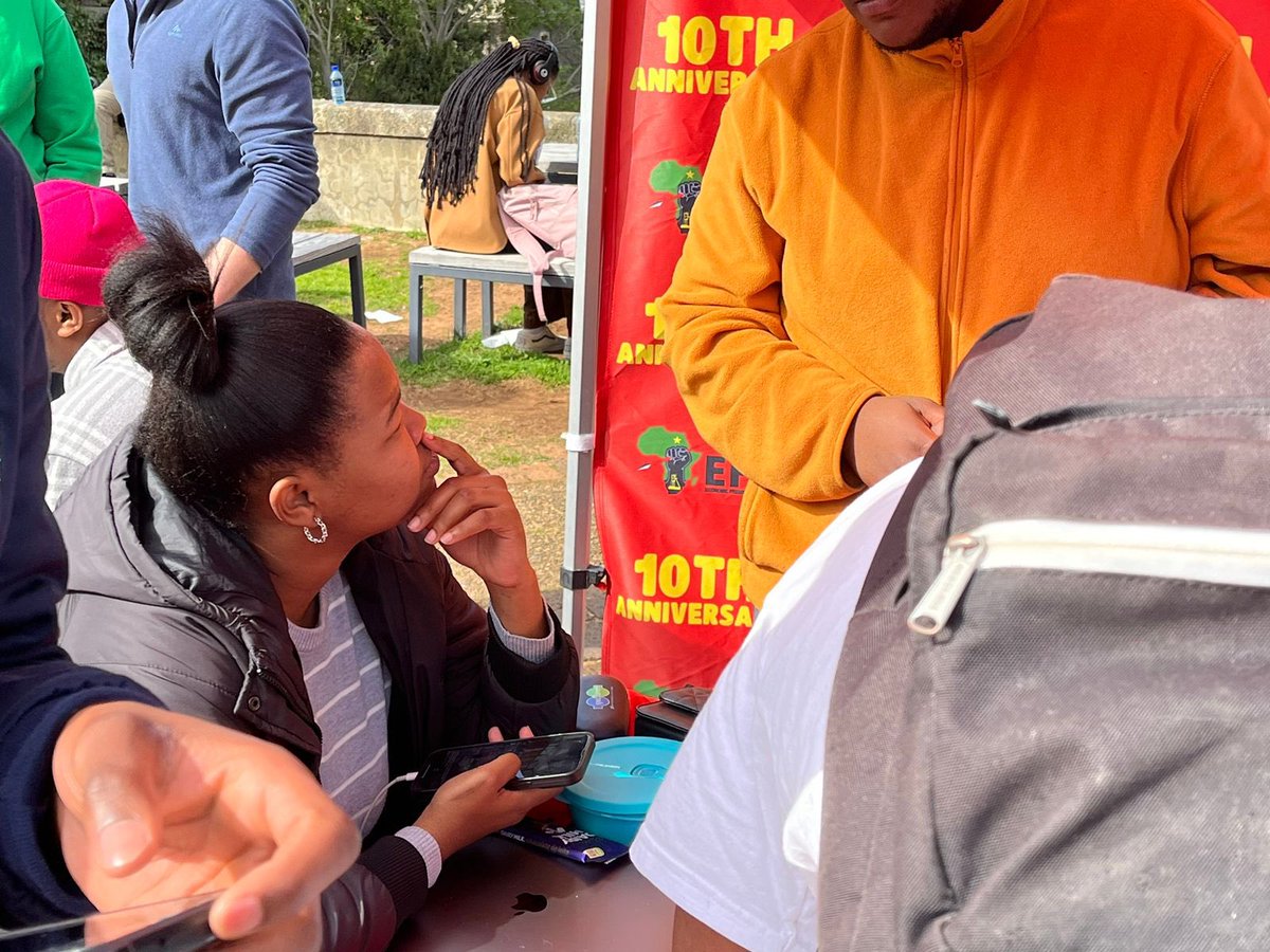 EFFYouthWC's tweet photo. ♦️IN PICTURES♦️

@EFFStudents CSCT Member Ftr. @n_asemahle in UCT earlier on today with the BSCT and ground forces of the branch engaging on the #VotaMntuOmtsha campaign.

Young people across all institutions of higher learning must register to vote!

Let us make 2024 our 1994! https://t.co/Ygd9i411JC