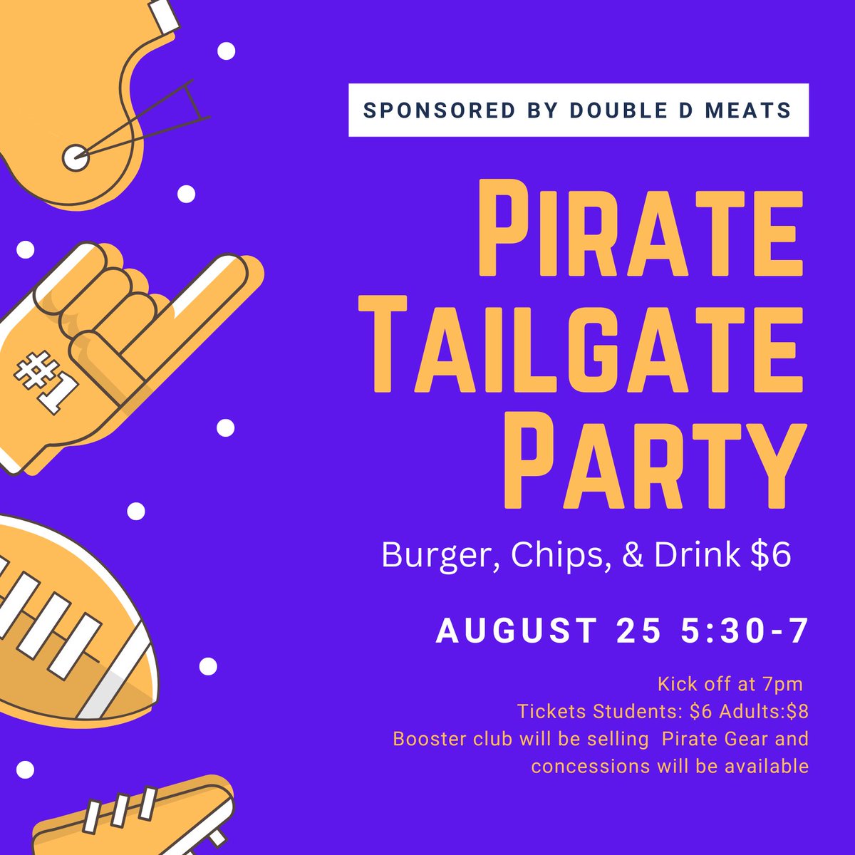 PolsonPirates's tweet photo. Join us this Friday from 5:30-7 for our tailgate sponsored by Double D Meats at Polson High Sports Complex https://t.co/RjxfOX6U5Z