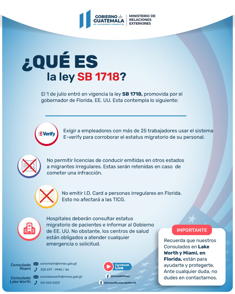 ConsGuateMiami's tweet image. @ConsGuateMiami @MinexGT @ConsgtLakeWorth 
te piden que conozcas más sobre la ley SB 1718 de Florida. Es importante que te informes más sobre sus implicaciones y cómo podría afectarte. Comunícate con tus Consulados #AquiParaTi