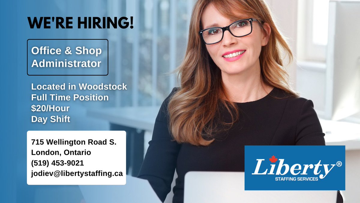 We're hiring an Office and Shop Administrator in Woodstock! Apply with us today! 

📱 Call/text: 519-453-9021

📧 Email your resume to Jodie at: 
jodiev@libertystaffing.ca

#WoodstockOntario #job #jobsearch #Administratorjob
