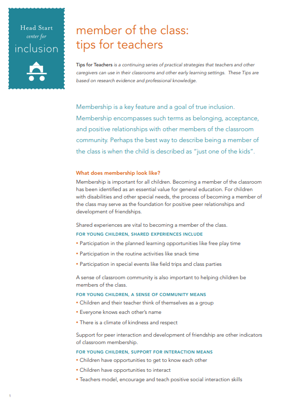 Membership and belonging are characteristics of high quality inclusive early childhood programs.  Reflect on what membership looks like and find some strategies for helping children be members of the class in this handout from Head Start. #MNCOE cdn1-originals.webdamdb.com/13012_76015747…