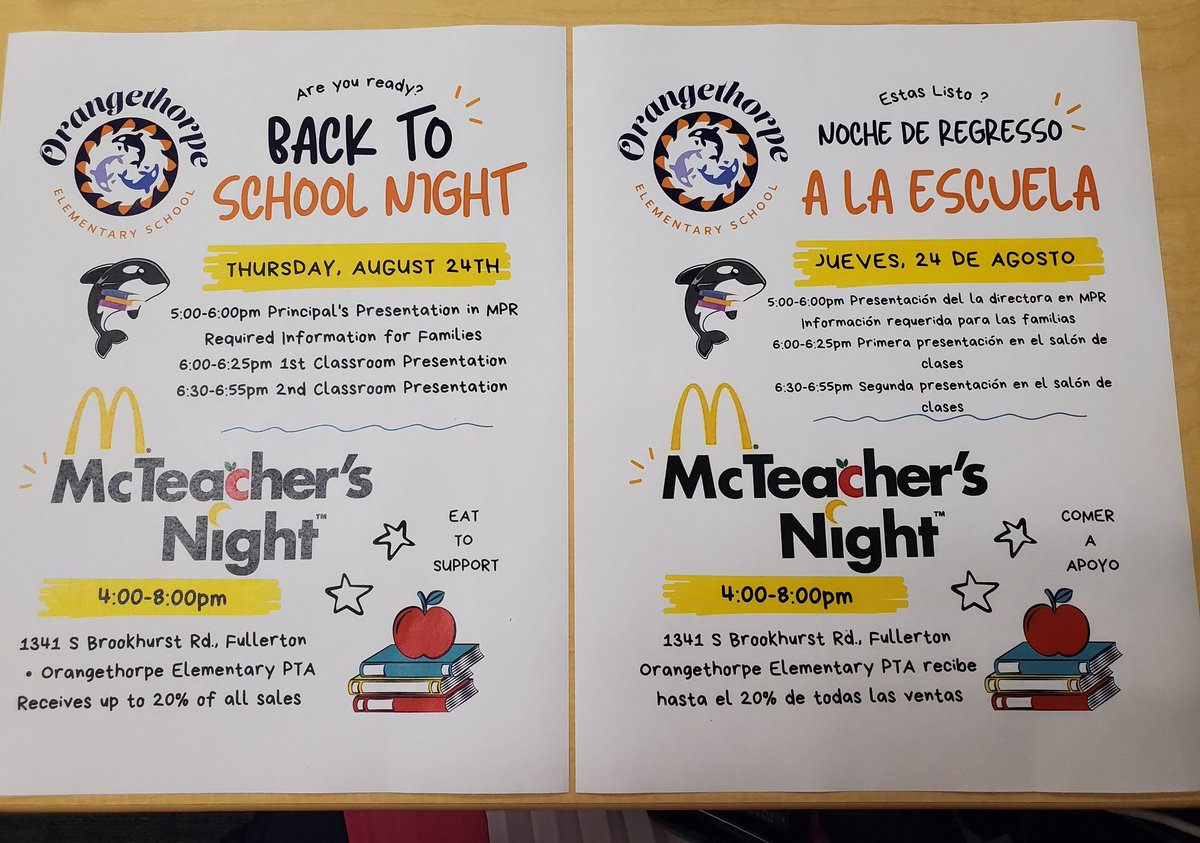 Reminder: Tonight is Back to School Night and our McDonald's fundraiser.