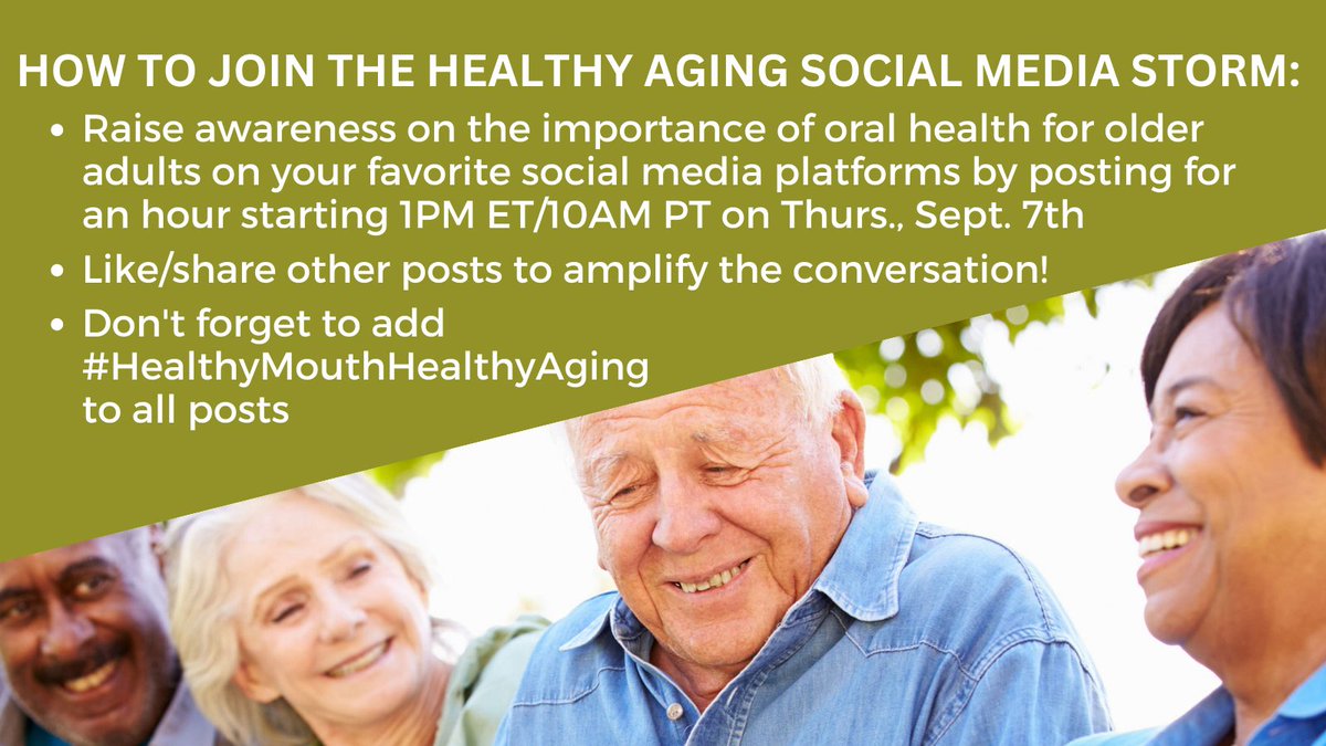 Healthy aging includes a healthy mouth. Pls join @oralhealthwatch @astddorg & @CareQuestInst Thurs, Sept. 7th 1PM ET/10 AM PT as we post about the importance of oral health for older adults. #HealthyMouthHealthyAging #HealthyAgingMonth #teethmatter