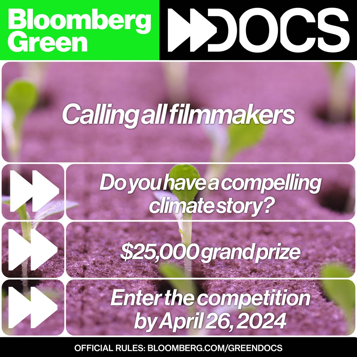 Attention documentary filmmakers! We want to see your view of our climate future. Submit your short film to our Bloomberg Green Docs competition by April 26, 2024. Please share! Grand prize: $25,000 Official Rules ➡️ bloom.bg/3qiOFPe
