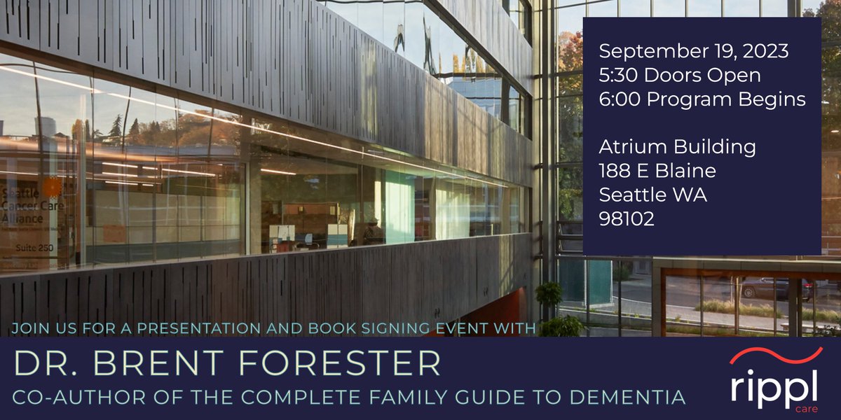 Join us in welcome @BrentForester to Seattle for a book event for #dementiacaregivers and the whole #dementia ecosystem. #createarippl #ripplchangemakers RSVP 👇 eventbrite.com/e/dr-brent-for…