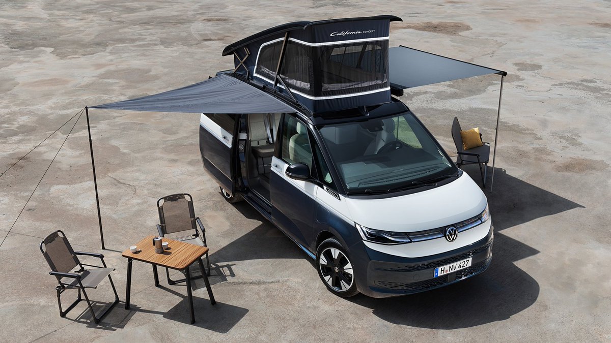 CamperVantastic's tweet photo. A view of the future! A truly revolutionary upgrade of the #VWCalifornia a hybrid plug in based on the T7 long Multivan Imagine gliding silently through the campsite with this smart tech #vwcampervan #VWT7California #vwcaliforniaconcept #californiaocean @VWCV_news @VWCV_UK_Media https://t.co/zTMldORLKm