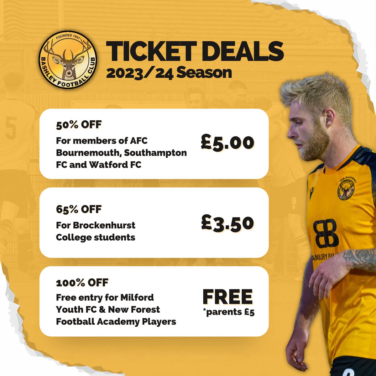 ⚽️ | 𝐁𝐀𝐍𝐊 𝐇𝐎𝐋𝐈𝐃𝐀𝐘 𝐅𝐎𝐎𝐓𝐁𝐀𝐋𝐋

Can't make it to <a href="/MouseholeAFC/">𝗠𝗢𝗨𝗦𝗘𝗛𝗢𝗟𝗘 𝗔𝗙𝗖</a>?

Not to worry - there's Bank Holiday action at the GlenMex on Monday with the visit of <a href="/WimborneTownFC/">Wimborne Town FC</a> 💛🖤

Plenty of offers available, including 50% off for #SaintsFC #AFCB and #WatfordFC ST Holders.