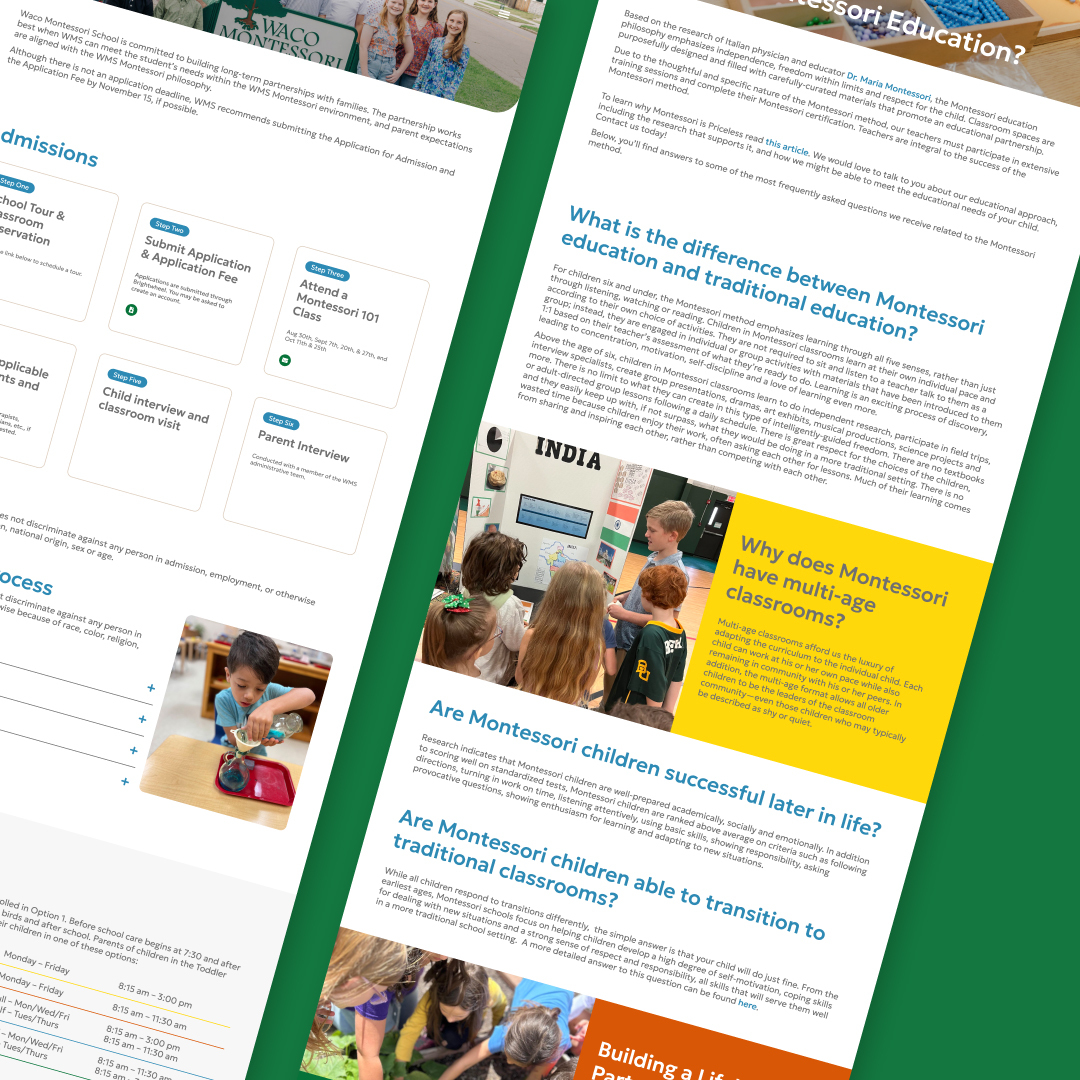 FourColumnsMktg's tweet photo. Waco Montessori School came to Four Columns in need of a completely redesigned website before the fall semester began. We don't shy away from developing a website in less than three months. Check out the first phase of their new website now: https://t.co/Rygw3vhtIw https://t.co/G4gS8mXYeR
