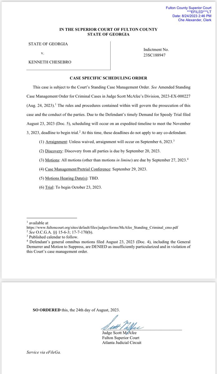 MacFarlaneNews's tweet photo. NEW:  Georgia judge approves Oct 23 trial date for Ken Chesebro, Trump’s co-defendant in Fulton County

Order from judge specifies the expedited time frame does NOT apply to other defendants in case https://t.co/yjzAPVgmUm