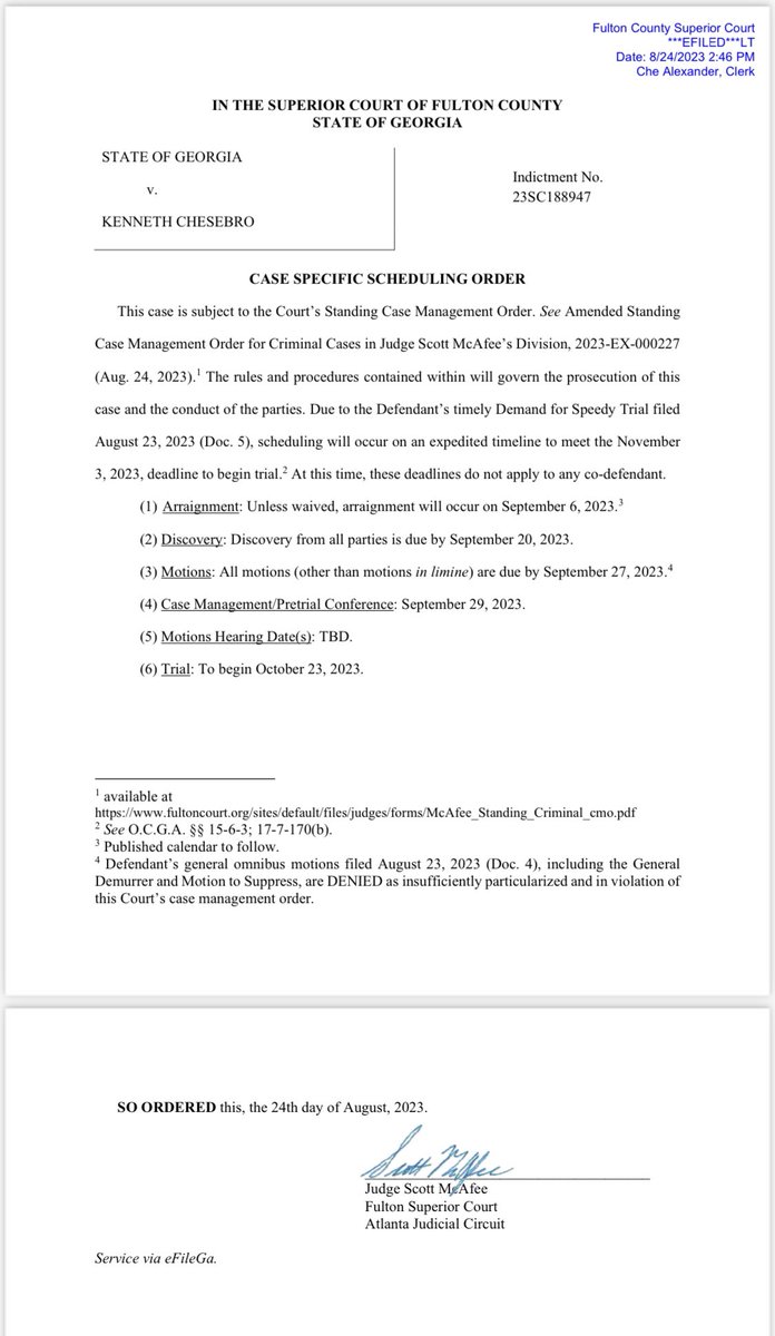 NEW: Georgia judge approves Oct 23 trial date for Ken Chesebro, Trump’s co-defendant in Fulton County Order from judge specifies the expedited time frame does NOT apply to other defendants in case