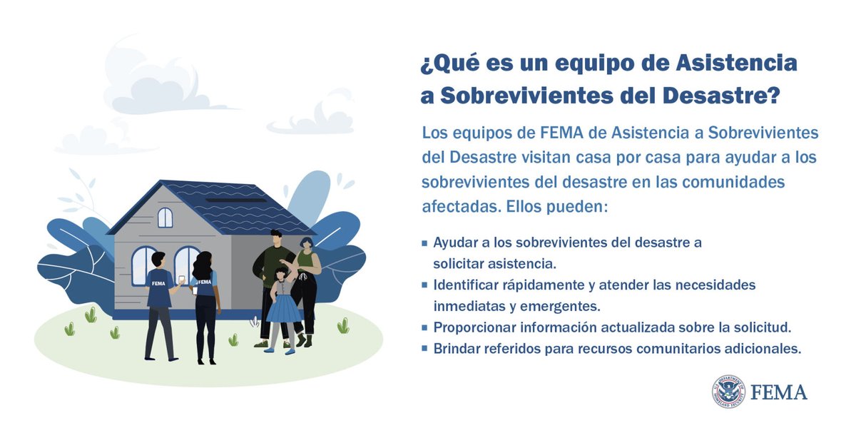 FEMAespanol's tweet photo. Inmediatamente después de los desastres, los equipos de Asistencia a Sobrevivientes del Desastre visitan las comunidades afectadas para ayudar a los sobrevivientes a solicitar asistencia e identificar rápidamente las necesidades inmediatas y emergentes.

Más información 🔽 https://t.co/TezoU6fLIa