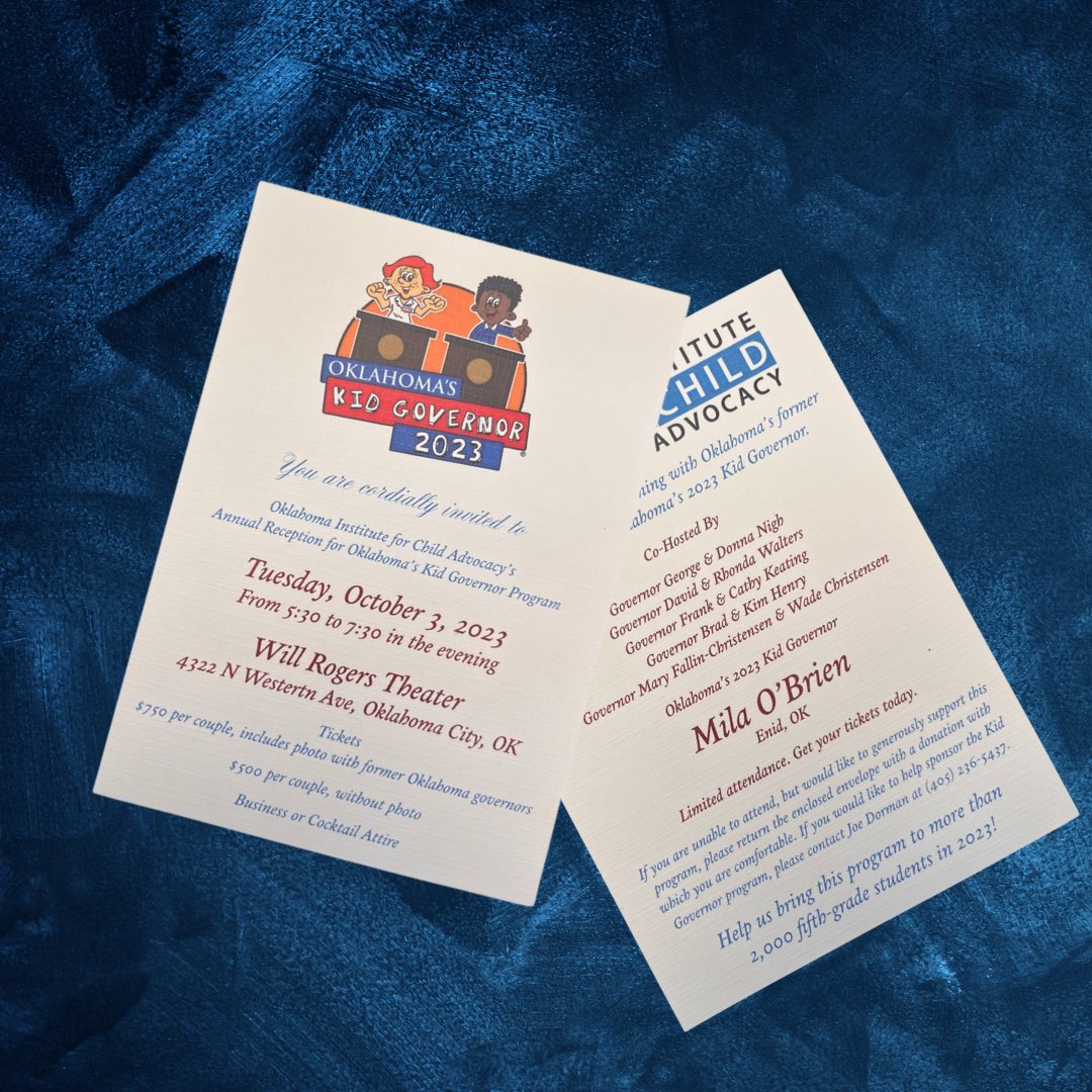 We got ours in the mail, did you?   Invites for The Oklahoma Kid Governor reception are hitting mailboxes! If you did not receive one and would like one, email Lucy.Gutierrez@OK.KidGovernor.org to get on our mailing list!