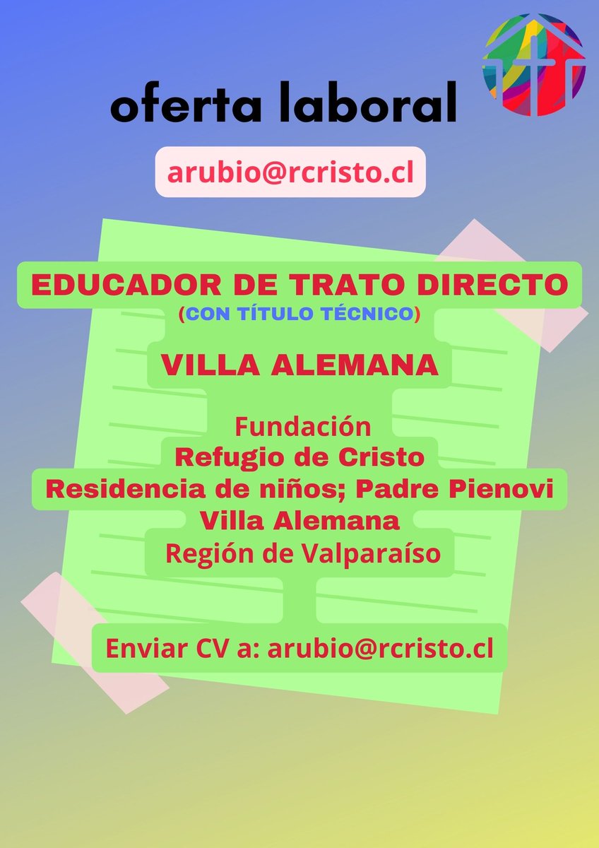 Se requiere Educador de Trato Directo, con título técnico, para conformar equipo de cuidado en residencia de niños "Padre Pienovi", Villa Alemana.
Jornada Completa. Enviar currículum a: arubio@rcristo.cl <a href="/radiofestivalfm/">Radio Festival</a> <a href="/RadioPortales/">Radio Portales</a> 
<a href="/ucvradio/">UCV Radio 103.5 FM</a> <a href="/TeamValparaiso/">Radio Valparaiso</a> <a href="/radioagricultur/">Radio Agricultura</a>