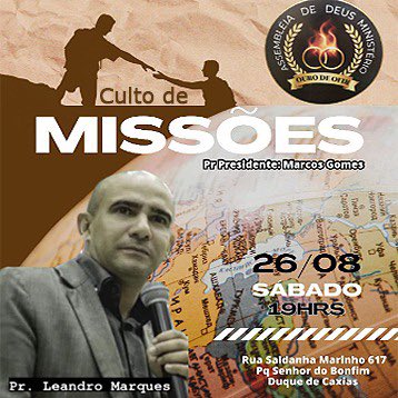 leandrobrvida's tweet photo. SAB |  26-08  |  19H
AD Ouro de Ofir
Culto de Missões https://t.co/K12thEu0KY