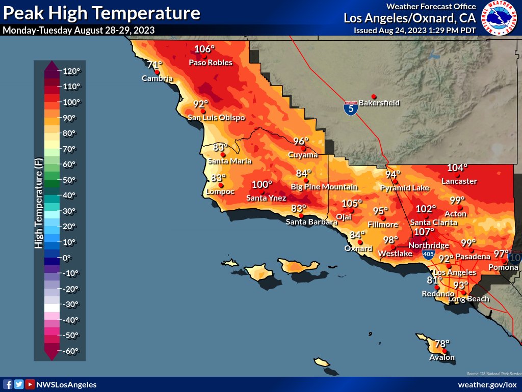 NWSLosAngeles's tweet photo. HEADS UP!!!!

Still looks like some significant heat will return to #SoCal early next week (Mon-Tue).

Good chance that heat advisories/warnings may be needed for some areas. #CAwx #LAHeat https://t.co/AnUAEJE3dl