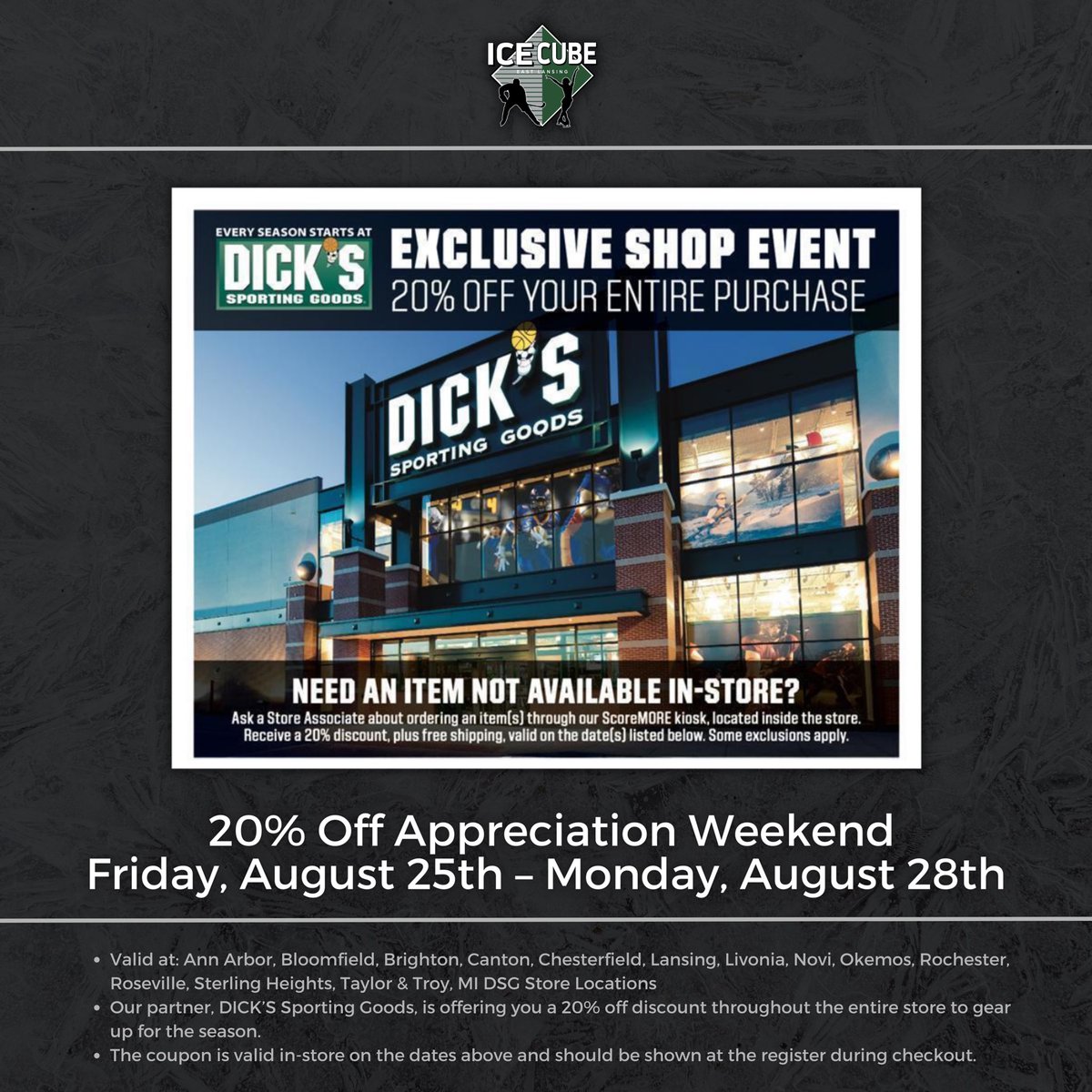 🚨Join us at <a href="/DICKS/">DICK'S Sporting Goods</a> this weekend for East Lansing Ice Cube Appreciation Weekend! 🚨

🔗For more information and to access the coupon see the link below! #EastLansingIceCube #eastlansing #eastlansingmichigan

cmm.dickssportinggoods.com/crmcdn/getoffe…