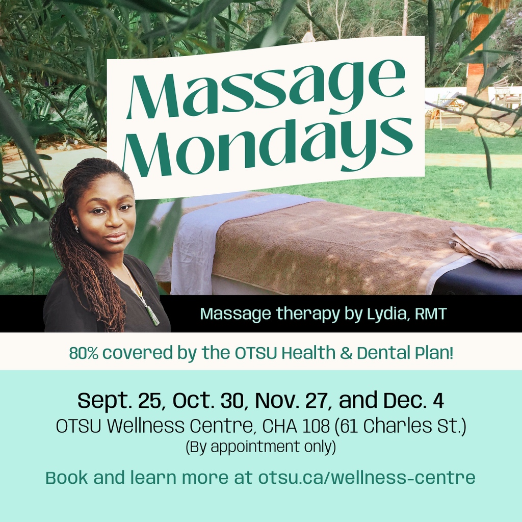 Your OTSU Health &amp; Dental Plan has massage coverage, did you know?

Even the thought of back to school is enough to cause muscle tension. Luckily for you we have a registered massage therapist coming to the downtown campus throughout the fall! Book here: bit.ly/3KRQ5tx