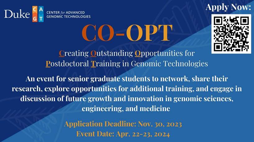 beth 🔬🧬🥼 (@dicentric) on Twitter photo Creating Outstanding Opportunities for Postdoctoral Trainees (CO-OPT) in Genomic Technologies invites prospective postdoctoral fellows to visit <a href="/DukeU/">Duke University</a>. Present your research, explore research opportunities in <a href="/DukeCAGT/">DukeCAGT</a>, & network with new colleagues! cagt.pratt.duke.edu/postdocs/coopt Creating Outstanding Opportunities for Postdoctoral Trainees (CO-OPT) in Genomic Technologies invites prospective postdoctoral fellows to visit <a href="/DukeU/">Duke University</a>. Present your research, explore research opportunities in <a href="/DukeCAGT/">DukeCAGT</a>, & network with new colleagues! cagt.pratt.duke.edu/postdocs/coopt